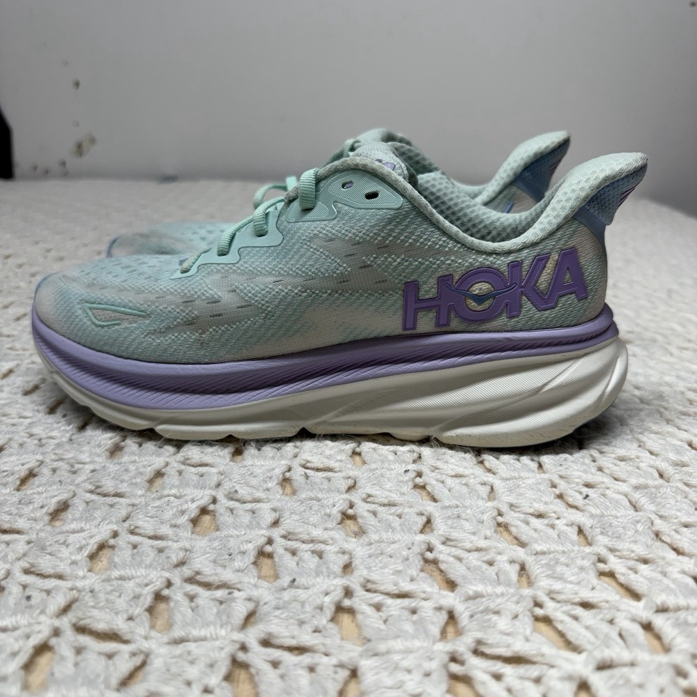 HOKA Clifton 9 Shoes Womens Size 8.5 B Mint Green Purple Running Gym Cushioned - Picture 9 of 11